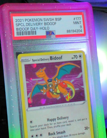 Slab Guard glitter bumper on a PSA 9 Special Delivery Bidoof slab